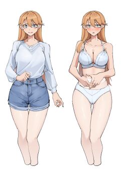 1girl absurdres blue_eyes blush commentary english_commentary harris_hero highres long_hair original panties simple_background smile standing underwear