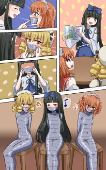 Rule 34 | 3girls, absurdres, anger vein, bdsm, black hair, blonde hair, blue dress, blue eyes, bound, brown hair, chair, dress, drill hair, duct tape, fang, flat chest, flying sweatdrops, gag, gagged, grey hair, hair ribbon, hat, highres, hime cut, improvised gag, izayoi sakuya, long hair, luna child, magazine (object), multiple girls, mummification (bound), musical note, orange eyes, patchouli knowledge, purple hair, red dress, ribbon, self bondage, short hair, sitting, sparkling eyes, spoken anger vein, spoken flying sweatdrops, spoken musical note, star sapphire, sunny milk, sweatdrop, tape, tape bondage, tape gag, thalter39o, touhou, two side up, yellow eyes