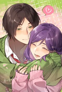 Rule 34 | 1boy, 1girl, ^ ^, artist name, blush, brown hair, closed eyes, commentary, dated, green sweater, heart, hetero, highres, holding another's arm, long sleeves, looking at another, looking at viewer, mutsumi asuma, necktie, pink sweater, purple hair, red necktie, serinuma kae, shirt, single sleeve past wrist, spoken heart, sweater, upper body, watashi ga motete dousunda, white shirt, xuchuan