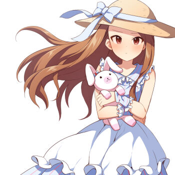 1girl blue_dress blush bow brown_eyes brown_hair brown_hat child closed_mouth collared_dress commentary_request dress frilled_shirt_collar frills grey_bow hat hat_bow hugging_object idolmaster idolmaster_(classic) long_hair looking_at_viewer minase_iori revision simple_background sleeveless sleeveless_dress solo striped_clothes striped_dress stuffed_animal stuffed_rabbit stuffed_toy sun_hat uccow usa-chan_(idolmaster) vertical-striped_clothes vertical-striped_dress very_long_hair white_background wrist_cuffs