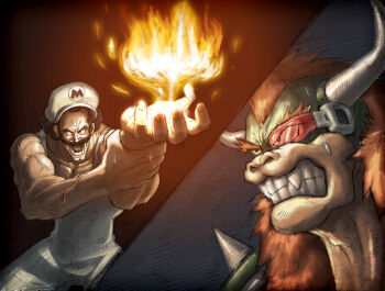 1boy black_hair black_theme bowser clenched_teeth cosplay dragon_ball dragonball_z facial_hair fire hat horns james_chung mario mario_(cosplay) mario_(series) mr._satan muscular mustache nintendo orange_hair overalls parody pyrokinesis scouter split_screen style_parody super_mario_bros._1 sweat teeth torokun veins