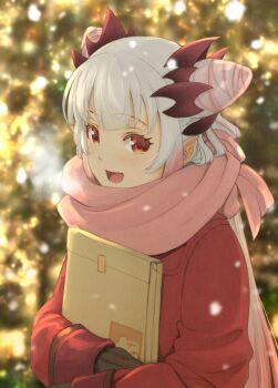 1girl alternate_costume blurry blurry_background blush brown_mittens christmas christmas_lights coat commentary_request cone_hair_bun curled_horns demon_horns depth_of_field detached_collar double_bun enpera envelope from_side gradient_hair grey_hair hair_bun haniwa_(leaf_garden) headgear highres holding holding_envelope horns indie_virtual_youtuber long_hair looking_at_viewer mittens multicolored_hair open_mouth orange_eyes pink_hair pink_scarf pink_streaks pointy_ears red_coat red_horns scarf side_up_bun sidelighting smile snowing solo spiked_horns streaked_hair suou_patra upper_body very_long_hair virtual_youtuber