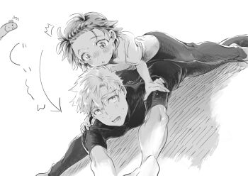 1boy 1girl :o akeuraji_tsukasa blush braid feet_out_of_frame greyscale kazi2ya medalist_(manga) monochrome short_sleeves simple_background stretching sweat white_background worm yuitsuka_inori