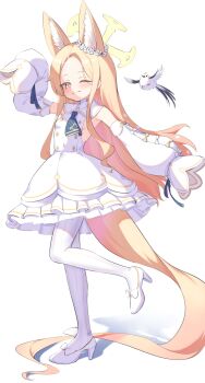 1girl ;) absurdres animal_ear_fluff animal_ears bare_shoulders bird blonde_hair blue_archive blush bow breasts buttons chinese_commentary closed_mouth commentary_request cross_halo detached_sleeves double-breasted dress extra_ears floating_hair flower_wreath footwear_bow forehead fox_ears fox_girl fox_tail frilled_dress frills full_body glint halo hand_up happy head_wreath high_heels highres long_hair looking_at_viewer no_bra one_eye_closed pantyhose parted_bangs sailor_collar school_uniform seia_(blue_archive) serafuku short_dress simple_background sleeve_bow sleeveless sleeveless_dress sleeves_past_fingers sleeves_past_wrists small_breasts smile solo standing standing_on_one_leg striped_clothes striped_pantyhose tail vertical-striped_clothes vertical-striped_pantyhose very_long_hair white_background white_bow white_dress white_footwear white_pantyhose white_sailor_collar wide_sleeves yellow_eyes yellow_halo yyfuu