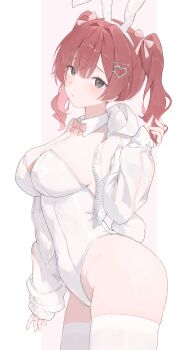 1girl absurdres akane_lize alternate_costume animal_ear_hairband animal_ears black_eyes bow bowtie breasts commentary cowboy_shot cropped_jacket crossed_bangs detached_collar double_vertical_stripe fake_animal_ears fake_tail from_side furrowed_brow garter_straps hair_between_eyes hair_intakes hair_ornament hair_ribbon hairband hairclip heart heart_hair_ornament highleg highleg_leotard highres holding_own_hair jacket large_breasts leotard long_sleeves looking_at_viewer meosic2 mole mole_on_breast mole_under_eye open_clothes open_jacket parted_lips pink_bow pink_bowtie pink_ribbon playboy_bunny puffy_long_sleeves puffy_sleeves rabbit_ear_hairband rabbit_ears rabbit_tail red_hair red_pupils revision ribbon simple_background slit_pupils solo standing stellive strapless strapless_leotard tail thighhighs twintails virtual_youtuber white_background white_jacket white_leotard white_thighhighs zipper