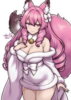 1girl absurdres animal_ears breasts cleavage closed_mouth commentary cowboy_shot dress drill_hair english_commentary fox_ears fox_girl fox_tail fur-trimmed_dress fur_trim furisode_sleeves hair_between_eyes highres large_breasts large_tail long_hair long_sleeves looking_at_viewer mature_female mole mole_on_breast original pink_eyes pink_hair rotomdocs short_dress simple_background smile solo tail white_background white_dress yuki_(rotomdocs)