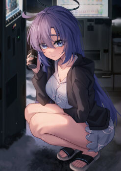 1girl absurdres ahoge animal_print black_halo black_jacket blue_archive blue_shirt blue_shorts blush breasts cat_print cleavage closed_mouth commentary_request drink hair_between_eyes hair_down halo hidel highres holding holding_drink jacket large_breasts long_hair official_alternate_costume official_alternate_hairstyle open_clothes open_jacket pajamas purple_hair sandals shirt shorts smile solo squatting toes yuuka_(blue_archive) yuuka_(pajamas)_(blue_archive)