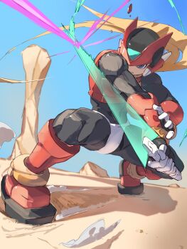 1boy absurdres armor black_eyes blonde_hair deflect desert energy_sword forehead_jewel full_body helmet highres holding holding_sword holding_weapon long_hair mega_man_(series) mega_man_zero_(series) omochi_(mochi_skymega) red_armor red_helmet solo sword weapon z_saber zero(z)_(mega_man) zero_(mega_man)