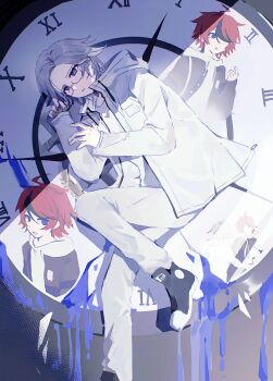 2boys absurdres ahoge aotsuki_eito black_hair black_jacket black_shoes blue_eyes chinese_commentary clock commentary_request drawstring glasses grey_hair gryzo hair_between_eyes hair_over_one_eye hand_up highres hood hood_down hoodie jacket jacket_over_hoodie long_sleeves lying male_focus multicolored_hair multiple_boys no_gloves on_side open_clothes open_jacket open_mouth pants red_hair roman_numeral semi-rimless_eyewear shirt shoes short_hair smile streaked_hair sumino_takumi the_hundred_line_-last_defense_academy- two-tone_hair white_hoodie white_jacket white_pants white_shirt