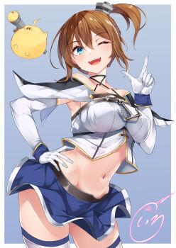 1girl ;d azur_lane bare_shoulders black_panties blue_eyes blue_skirt blush breasts brown_hair crop_top elbow_gloves finger_gun gloves groin hair_between_eyes hand_on_own_hip hand_up happy highres irohara leaning_to_the_side looking_down medium_breasts navel one_eye_closed open_mouth panties repulse_(azur_lane) short_hair skirt sleeveless smile solo standing stomach strapless teeth thighs tube_top underwear upper_teeth_only white_gloves white_tube_top