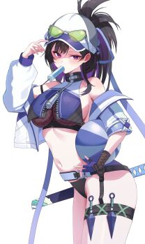 Rule 34 | 1girl, absurdres, arm up, bare shoulders, baseball cap, bikini, black bikini, black hair, black survival, breasts, commentary request, eternal return: black survival, eyewear on headwear, fingerless gloves, fishnets, food, food in mouth, gadeung hye, gloves, hand on headwear, hat, highres, jacket, korean commentary, kunai, large breasts, long hair, looking at viewer, mouth hold, multicolored hair, navel, off shoulder, open clothes, open jacket, partially unzipped, ponytail, popsicle, popsicle in mouth, purple eyes, purple hair, simple background, single glove, solo, stomach, sunglasses, swimsuit, thigh strap, thighs, tsubame (black survival), two-tone hair, weapon, white background, white jacket