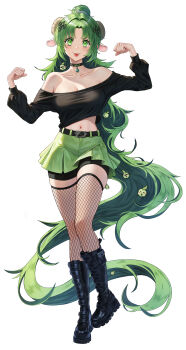 1girl absurdly_long_hair absurdres animal_ears arm_up bare_shoulders belt bike_shorts black_boots black_choker black_shirt black_shorts boots breasts choker closed_mouth collarbone crop_top crop_top_overhang eruthu fishnet_thighhighs fishnets full_body green_eyes green_hair green_skirt highres horns knee_boots large_breasts long_hair long_sleeves looking_at_viewer luvdia midriff miniskirt navel off-shoulder_shirt off_shoulder pleated_skirt puffy_long_sleeves puffy_sleeves sheep_ears sheep_horns shirt shorts shorts_under_skirt simple_background skirt smile solo standing stomach thighhighs tongue tongue_out v-shaped_eyebrows very_long_hair virtual_youtuber white_background yang_mei