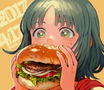 1girl akaneko_(redakanekocat) artist_name burger dated eating female_focus fingernails food food_focus green_eyes green_hair highres lettuce onion orange_background portrait short_hair simple_background solo upper_body