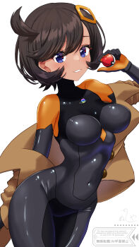1girl absurdres arm_up black_bodysuit black_gloves black_hair blue_eyes blush bodysuit bodysuit_under_clothes breasts brown_jacket commentary covered_navel cowboy_shot dark-skinned_female dark_skin emma_(pokemon) gloves hair_between_eyes hair_ornament highres holding holding_poke_ball jacket latex latex_bodysuit looking_at_viewer medium_breasts mega_stone nintendo nushiya_(ayihsem) off_shoulder open_clothes open_jacket orange_gloves parted_lips poke_ball poke_ball_(basic) pokemon pokemon_legends:_z-a short_hair sidelocks signature simple_background smile solo standing swept_bangs two-tone_gloves watermark white_background