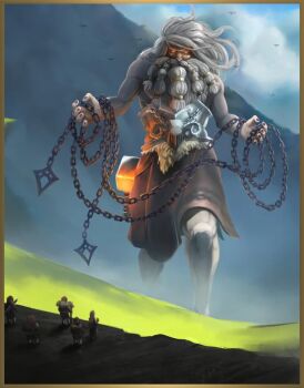 6+boys armor aule beard bird chain cloud divine_being dwarf facial_hair fur_trim giant glowing glowing_eyes glowing_hot glowing_weapon holding holding_chain ledge long_beard long_hair meadow multiple_boys orange_eyes raphael_doppia scenery sheath sheathed sword the_silmarillion tolkien&#039;s_legendarium weapon white_beard white_hair