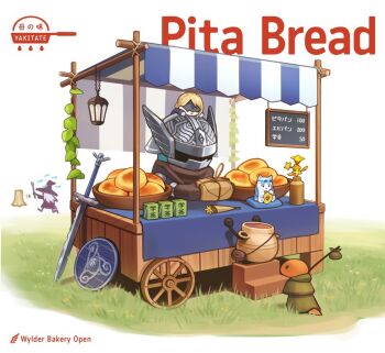 Rule 34 | 1boy, 2girls, animal, black gloves, black scarf, blonde hair, bread, chibi, commentary request, duchess (elden ring), elden ring, elden ring nightreign, english text, eye mask, food, food stand, gloves, green robe, hat, helmet, living jar (elden ring), lizard, maneki-neko, mask, multiple girls, okaka516, outdoors, pita (food), plate, recluse (elden ring), robe, scarf, shield, short hair, sign, sword, weapon, white background, winged helmet, witch hat, wylder (elden ring)