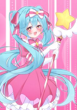 1girl absurdres aqua_eyes aqua_hair blush bow dress gloves hair_between_eyes hair_bow hair_ornament hair_ribbon hatsune_miku highres holding holding_wand ima_sugu_rinne_(vocaloid) long_hair looking_at_viewer magical_girl open_mouth pink_dress pink_ribbon puffy_short_sleeves puffy_sleeves ribbon ryaru_ryaru short_sleeves smile solo star-shaped_pupils star_(symbol) symbol-shaped_pupils twintails very_long_hair vocaloid wand white_gloves