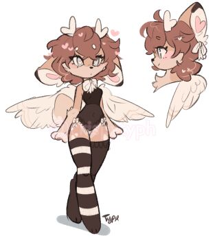 1girl adoptable animal_ears animal_nose black_leotard black_thighhighs blue_eyes breasts brown_hair commentary deer_ears deer_girl deer_tail english_commentary furry furry_female heart heart_in_eye leotard multiple_views original short_hair simple_background small_breasts smile symbol_in_eye tail thighhighs typh walking watermark white_background wide_hips wings