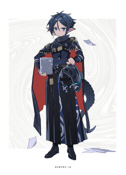 Rule 34 | 1boy, 1other, absurdres, arknights, black cape, black hakama, black shirt, blue eyes, blue hair, cape, chinese commentary, closed mouth, commentary, doctor (arknights), full body, grey background, hair between eyes, hakama, highres, holding, holding mini person, holding paper, japanese clothes, looking at viewer, male focus, mian zhi bao, mini person, paper, paper stack, pointy ears, shirt, short hair, standing, v-shaped eyebrows, zuo le (arknights)