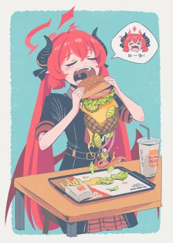 1girl ahoge belt black_coat blue_archive blunt_tresses blush brand_name_imitation burger burger_king burger_malfunction chair closed_eyes coat commentary_request cropped_torso cup disposable_cup food french_fries halo highres holding holding_food horns iohc_choi junko_(blue_archive) korean_text long_hair low_wings open_mouth red_hair red_skirt short_sleeves sitting skirt solo spoken_character table tray twintails upper_body wings