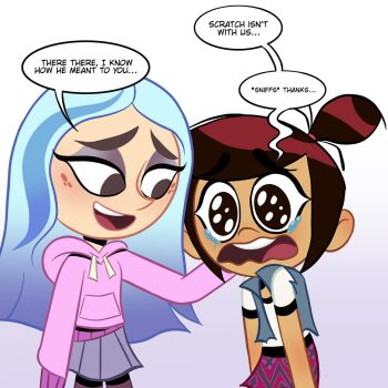 2girls andrea_davenport commentary crying english_commentary eyeshadow highres joseartcentenoofficial makeup molly_mcgee multiple_girls open_mouth purple_eyeshadow ringer_t-shirt solo tears teeth the_ghost_and_molly_mcgee toon_(style) upper_teeth_only