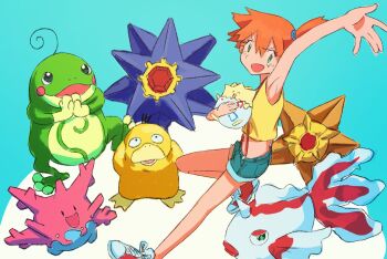 1girl :d arm_up armpits bare_arms blue_background blue_shorts corsola crop_top denim denim_shorts gen_1_pokemon gen_2_pokemon goldeen green_eyes hair_tie holding holding_poke_ball leg_up looking_at_viewer midriff misty_(pokemon) naarann nintendo open_mouth orange_hair poke_ball pokemon pokemon_(anime) pokemon_(classic_anime) politoed ponytail psyduck shirt shoes short_hair short_shorts shorts side_ponytail sleeveless sleeveless_shirt smile sneakers starmie staryu suspenders togepi yellow_shirt