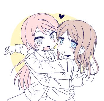 Rule 34 | 2girls, bang dream!, bang dream! it's mygo!!!!!, blue eyes, brown hair, chihaya anon, commentary, fang, grey eyes, haneoka school uniform, heart, hug, jacket, korean commentary, long hair, long sleeves, looking at viewer, multiple girls, nagasaki soyo, open mouth, partially colored, pink hair, s0y0ring, school uniform, shirt, skin fang, tsukinomori school uniform, yuri