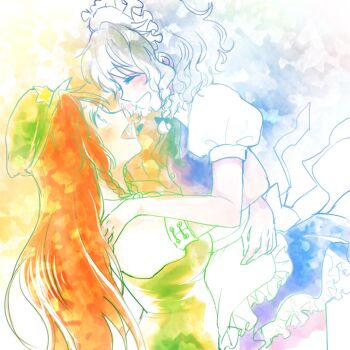 Rule 34 | 2girls, apron, bad id, bad pixiv id, blue dress, braid, chinese clothes, closed eyes, couple, dress, from side, gradient background, green headwear, hair ribbon, happy, hat, holding, hong meiling, izayoi sakuya, laughing, lifting person, long hair, looking at another, maid, maid apron, maid headdress, multiple girls, profile, puffy short sleeves, puffy sleeves, red eyes, red hair, ribbon, rosette (roze-ko), shirt, short hair, short sleeves, silver hair, touhou, tress ribbon, twin braids, waist apron, white shirt, yuri