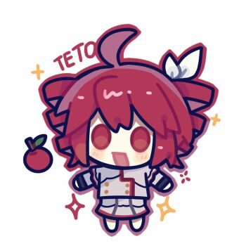 1girl ahoge apron barefoot blush_stickers bow buttons character_name chibi chinese_commentary commentary_request double-breasted drill_hair frilled_sleeves frills gold_buttons gradient_outline grey_shirt grey_skirt hair_bow happy high-waist_skirt kasane_teto kasane_teto_(sv) layered_sleeves long_sleeves looking_at_viewer medium_hair medium_skirt open_mouth outline pleated_skirt red_eyes red_hair red_outline shirt short_over_long_sleeves short_sleeves simple_background skirt skirt_set sleeve_cuffs smile solid_oval_eyes solo sparkle synthesizer_v twin_drills twintails white_background white_bow xianyu_fish