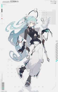 Rule 34 | 1girl, arm up, artist name, belt, bird, black belt, black gloves, black shoes, blue eyes, blue hair, chinese text, clipboard, collar, commentary, copyright notice, crescent, crescent hair ornament, crescent halo, crescent necklace, crescent pin, feathers, full body, gloves, hair between eyes, hair ornament, halo, halterneck, hashtag-only commentary, highres, horns, id card, jewelry, limited palette, long hair, loose pants, necklace, off shoulder, open mouth, original, pants, shoes, solo, standing, standing on one leg, strap, toriki, untranslatable commentary, very long hair, white background, white bird, white pants