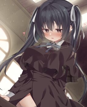 1girl absurdres aqua_ribbon black_cloak black_dress black_hair breasts breath brown_eyes ceiling choppy_bangs cloak commentary_request crotch_rub dress from_below hair_ribbon heart heart_in_eye highres honma_misuzu implied_masturbation indoors large_breasts long_sleeves masturbation neck_ribbon panties parted_lips partially_unbuttoned raised_inner_eyebrows ribbon sakura_no_toki sakura_no_uta school_uniform solo steam string_panties sweat symbol_in_eye table_humping takepoison twintails underwear upper_body white_panties white_ribbon