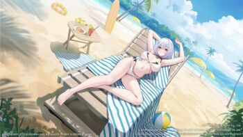 1girl animated armpits arms_up azur_lane ball beach beachball bikini blue_eyes bouncing_breasts breasts character_name curvy date_a_live grey_hair hair_between_eyes hair_ornament hairclip highres large_breasts looking_at_viewer lying navel official_art on_back outdoors parted_lips promotional_art short_hair solo stomach swimsuit tagme thighs tobiichi_origami video white_bikini wide_hips