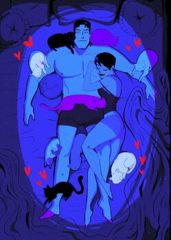 1boy 1girl bed black_hair blue_theme boxers bruce_wayne cat heart highres lying_on_person male_underwear pillow rozem selina_kyle short_hair underwear
