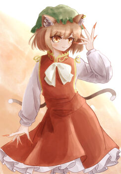 1girl animal_ear_fluff animal_earrings animal_ears blush bow bowtie brown_hair cat_ears cat_girl cat_tail chen commentary dress fingernails frilled_hat frills green_hat hat highres long_fingernails long_sleeves looking_at_viewer luan_ib mob_cap multiple_tails nail_polish orange_dress petticoat red_nails shirt short_hair smile solo tail touhou two_tails white_bow white_bowtie white_shirt