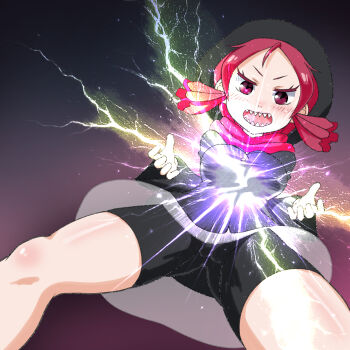 1girl bike_shorts black_bike_shorts black_jacket blush breasts cameltoe electricity from_below hood hood_up hooded_jacket jacket kemurikusa long_sleeves looking_at_viewer looking_down low_twintails medium_breasts night night_sky open_mouth red_eyes red_hair red_scarf riku_(kemurikusa) scarf sharp_teeth short_hair skirt sky smile standing star_(sky) starry_sky t_jiroo_(ringofriend) teeth twintails upskirt white_skirt wide_sleeves