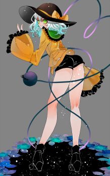 1girl ass bike_shorts black_hat black_shorts bow commentary_request frilled_shirt frilled_shirt_collar frills from_behind green_eyes grey_background hat hat_bow hat_ribbon high_heels highres komeiji_koishi looking_to_the_side neon_(co2co8) ribbon shirt short_shorts shorts simple_background sleeves_past_wrists smile solo standing third_eye touhou v yellow_bow yellow_ribbon yellow_shirt