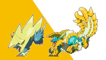 Rule 34 | animal focus, aqua sclera, blacknirrow, claws, colored sclera, commentary, crossover, fang, gen 3 pokemon, green eyes, highres, manectric, mega manectric, mega pokemon, monster, monster hunter (series), nintendo, no humans, open mouth, outline, pokemon, pokemon (creature), red eyes, scales, simple background, two-tone background, white background, white outline, yellow background, zinogre