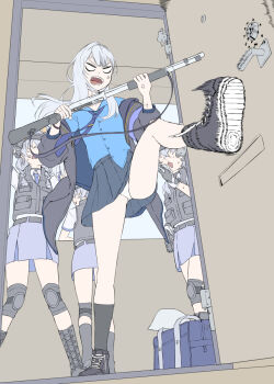 4girls anger_vein armband bag black_gloves black_jacket black_shoes black_skirt black_vest blue_archive blue_necktie blue_shirt boots braid bullet_hole collared_shirt commentary_request crossed_bangs door door_handle doorway faceless faceless_female gloves grey_hair gun halo highres holding holding_gun holding_weapon jacket knee_guards konoka_(blue_archive) lace-up_boots long_hair long_sleeves low_twin_braids mask mouth_mask multicolored_gloves multiple_girls necktie open_clothes open_door open_mouth opening_door panties pleated_skirt pump_action purple_armband shirt shirt_partially_tucked_in shoes shotgun skirt standing surgical_mask sweat teeth twin_braids two-tone_gloves underwear unfinished untied_shoelaces vest weapon white_gloves white_hair white_mask white_panties white_shirt zombie_mogura
