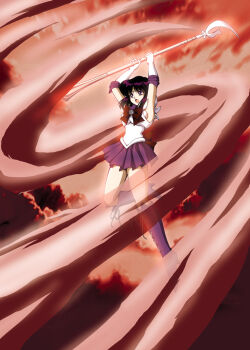 1990s_(style) 1girl :o attack bishoujo_senshi_sailor_moon black_hair bob_cut boots bow brooch brown_bow cloud elbow_gloves female_focus full_body glaive_(polearm) gloves hino_ryutaro holding holding_polearm holding_spear holding_weapon jewelry knee_boots lace-up_boots magical_girl open_mouth pleated_skirt polearm purple_boots purple_eyes purple_skirt retro_artstyle ribbon sailor_saturn short_hair silence_glaive skirt solo spear star_(symbol) star_brooch tiara tomoe_hotaru weapon white_gloves wind