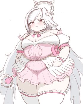 Rule 34 | >:(, 1girl, absurdres, alternate body size, bare shoulders, blue archive, blush, breasts, cleavage, clenched hand, closed mouth, cowboy shot, crescent, crescent hair ornament, detached sleeves, double chin, dress, fat, fat woman, frilled thighhighs, frills, hair ornament, halo, head wings, highres, holding, holding staff, large breasts, long hair, looking at viewer, mage staff, magical girl, obese, official alternate costume, pink dress, red eyes, simple background, single head wing, solo, staff, suzumi (blue archive), suzumi (magical) (blue archive), sweatdrop, thick thighs, thighhighs, thighs, v-shaped eyebrows, very long hair, wawawaltz, weight gain, white background, white hair, white thighhighs, wing ornament, wings