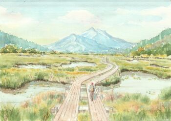 bridge commentary_request day grass hill landscape mountainous_horizon original outdoors painting_(medium) paruperu path people pond road scenery traditional_media watercolor_(medium) wetland