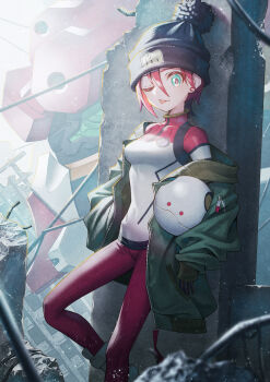 1girl absurdres against_wall amate_yuzuriha aqua_eyes beanie black_gloves blue_eyes breasts coat commentary_request cowboy_shot gloves gquuuuuux green_coat gundam gundam_gquuuuuux hat highres leaning looking_at_viewer mecha_pilot_suit off_shoulder one_eye_closed open_clothes open_coat outdoors pom_pom_(clothes) pom_pom_beanie red_hair ruins sho_(sumika) short_hair small_breasts solo tongue tongue_out