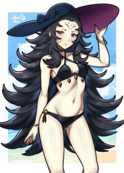 1girl absurdres alternate_costume arm_up armpits artist_name averting_eyes bare_arms bare_shoulders beach bikini black_bikini black_hair blue_sky bracelet breasts cloud collarbone commentary commission cowboy_shot criss-cross_halter embarrassed english_commentary facial_mark fire_emblem fire_emblem_fates forehead_mark gluteal_fold halterneck hat highres jewelry ko-fi_commission light_blush long_hair long_sidelocks looking_to_the_side navel nintendo nyx_(fire_emblem) ocean outdoors pale_skin red_eyes rotomdocs sideboob sidelocks sideways_glance signature sky small_breasts solo standing stomach sun_hat swimsuit thighs very_long_hair wide_brim