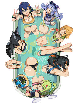 Rule 34 | 6+girls, ;d, absurdres, ahoge, ass, bangboo (zenless zone zero), barefoot, bathtub, belle (summer skies) (zenless zone zero), belle (zenless zone zero), black bow, black hair, blonde hair, blush, bow, breasts, double v, food, from above, green hair, hair bow, heart, heddy (zenless zone zero), highres, hoshimi miyabi, in bathtub, knees, knees up, large breasts, long hair, looking at viewer, looking up, mouth hold, multicolored hair, multiple girls, official alternate costume, one-piece swimsuit, one eye closed, open mouth, partially submerged, pointy ears, ponytail, popsicle, purple bow, red streaks, same-sex bathing, shared bathing, sitting, smile, streaked hair, sunna (zenless zone zero), swimsuit, thigh strap, thighs, toes, tongue, v, vivian banshee, vivian banshee (iris of the shore), water, watermelon bar, yusi vishnu, zenless zone zero, zhu yuan