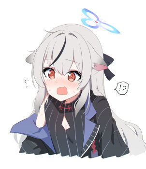 Rule 34 | !?, 1girl, @ @, animal ears, black dress, black hair, black jacket, blue archive, blue halo, blush, breasts, dress, flying sweatdrops, foulo paints, grey hair, halo, highres, jacket, kokona (blue archive), long hair, multicolored hair, open clothes, open jacket, open mouth, orange eyes, simple background, small breasts, solo, streaked hair, striped clothes, striped dress, striped jacket, tiger ears, upper body, vertical-striped clothes, vertical-striped dress, vertical-striped jacket, white background
