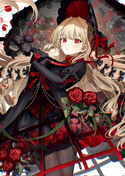 Rule 34 | 1girl, black dress, black gloves, black pantyhose, blonde hair, blush, bonnet, braid, breasts, chain, commentary, corrupted twitter file, curly hair, dress, dress flower, drill hair, eyeliner, falling petals, flower, glove bow, gloves, gothic lolita, highres, holding, holding umbrella, layered dress, lolita fashion, long hair, long sleeves, looking at viewer, makeup, medium breasts, original, pantyhose, parted lips, patterned clothing, petals, puffy sleeves, red dress, red eyeliner, red eyes, red flower, red ribbon, red rose, ribbon, rose, sakizaki saki-p, solo, twin braids, two-tone dress, umbrella, wind