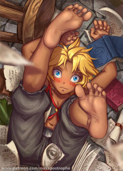 1girl 2018 barefoot belt_buckle blonde_hair blue_eyes blush breasts buckle buttons cleavage collarbone dark-skinned_female dark_skin embarrassed fallen_down feet feet_up fingernails foot_focus foreshortening looking_at_viewer lying maxa' messy_hair navel notes on_back paper partially_unbuttoned patreon_username red_trim scroll shiny_skin signature small_breasts soles solo stone_floor stool surprised tan tild_-_mage_a_louer tild_framith toenails toes tomboy watermark web_address wide-eyed