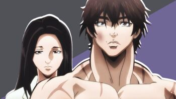 Rule 34 | 1boy, 1girl, black hair, brown eyes, brown hair, grappler baki, hanma baki, matsumoto kozue, serious, shirt, white shirt