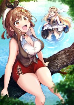 2girls atelier_(series) atelier_ryza bare_shoulders blonde_hair breasts brown_eyes brown_hair cleavage dress green_eyes klaudia_valentz large_breasts looking_up multiple_girls open_mouth partially_submerged red_shorts reisalin_stout shirt shorts sitting smile snowstar standing tree vest watermark white_dress white_shirt
