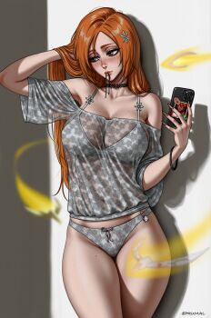 Rule 34 | 1girl, ai-assisted, bare shoulders, black choker, bleach, blush, bow, bow panties, bracelet, breasts, brown eyes, camisole, choker, cleavage, cowboy shot, female focus, fingernails, hair ornament, hair tie in mouth, hand in own hair, hello kitty, highres, holding, holding phone, inoue orihime, jewelry, kurosaki ichigo, large breasts, lipstick mark, long fingernails, long hair, mouth hold, off-shoulder shirt, off shoulder, orange hair, panties, parted bangs, phone, pink nails, print panties, prixmal, sanrio, see-through clothes, see-through shirt, sharp fingernails, shirt, snowflake hair ornament, solo, standing, thighs, twitter username, underwear, white camisole